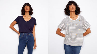 Woman wearing a navy V-neck t-shirt on the left and a white and navy striped tee with embroidered yellow flowers on the right, both paired with medium-wash blue jeans.