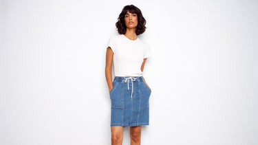 Charlie B Soft Blue Denim Skort With Drawstring and Patch Pockets, the answer to skort vs shorts for summer