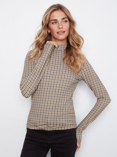 Slim fit long sleeve top in a coffee plaid pattern, featuring a mock neckline by Charlie B.