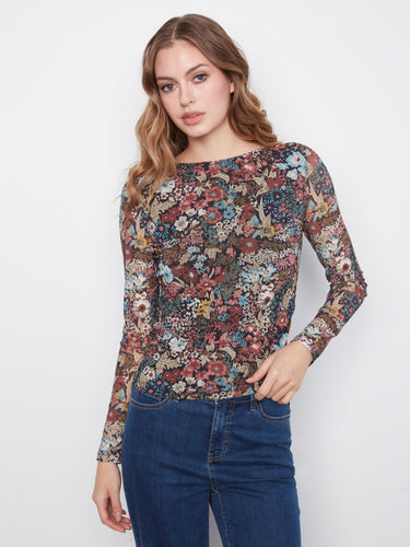 Floral pattern top with a boat neckline, featuring long sleeves for a stylish look by Charlie B.