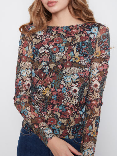 Long-sleeved floral top in a slim fit design, showcasing vibrant patterns by Charlie B.