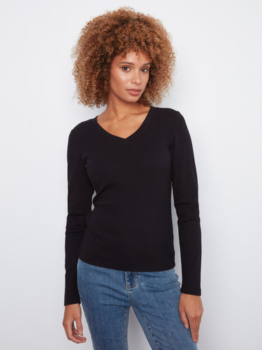 Black ribbed long sleeve V-neck top, featuring a flattering slim fit for a chic look, by Charlie B.