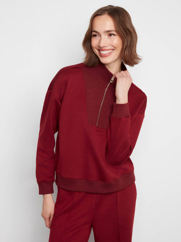 Merlot scuba sweatshirt featuring a half-zip mock neck and relaxed fit, perfect for cozy days by Charlie B.