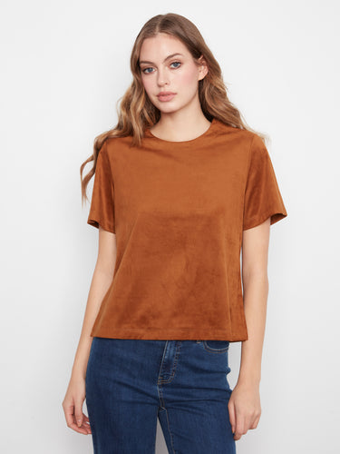 Toffee faux suede top featuring a straight fit design and short sleeves, perfect for any casual outing by Charlie B.