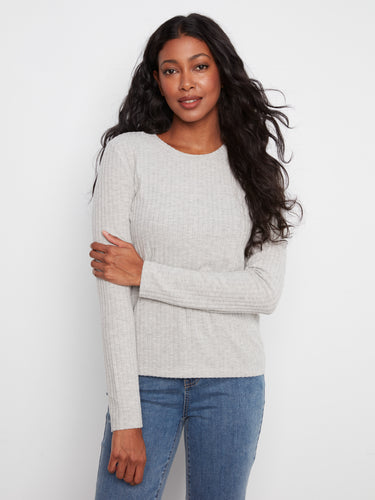Soft heather-grey ribbed top with long sleeves, crafted from brushed fabric for added comfort by Charlie B.