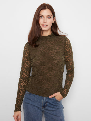 Dark olive lace top with a mock neck, showcasing a slim fit and lined body for elegance by Charlie B.