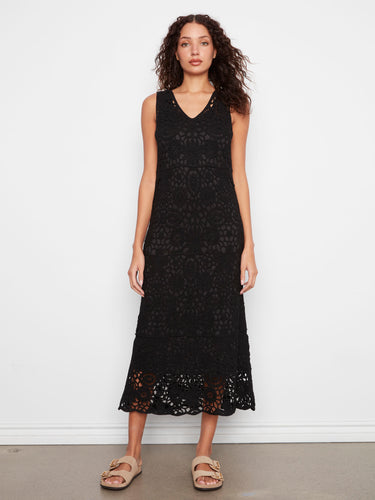 Elegant black crochet maxi dress featuring a lined design for added comfort and style by Charlie B.