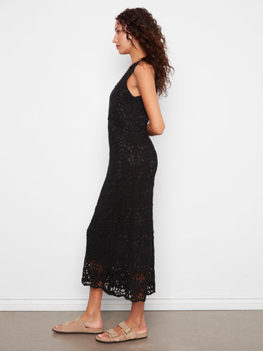 Chic sleeveless black maxi dress crafted from 100% cotton with exquisite crochet detailing by Charlie B.