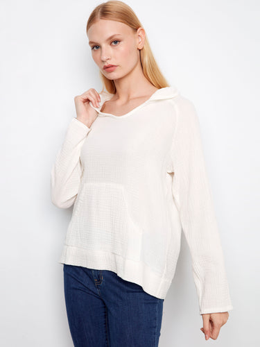 This stylish top features a cozy hooded design, perfect for casual outings. Made from 100% cotton for comfort and breathability by Charlie B.