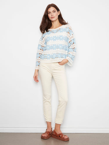 The 3/4 bell sleeves add a touch of flair to this charming top. Comfortable and versatile in cotton blend by Charlie B.