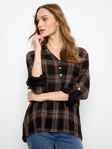 Plaid shirt featuring a stylish Henley neckline and half-button placket, perfect for versatile styling by Charlie B.