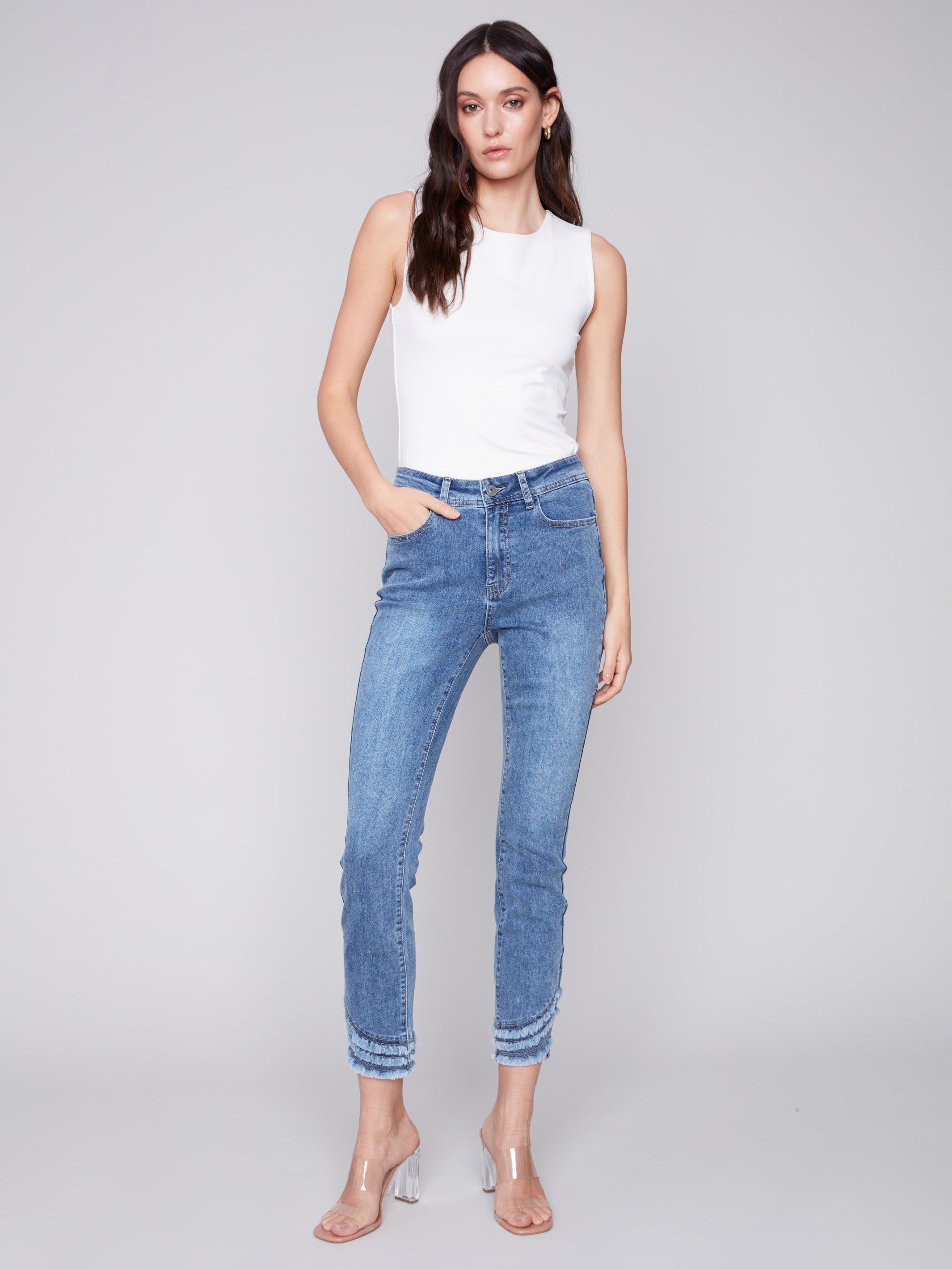 Charlie B Frayed Hem Denim Pants - Medium Blue - Image 1