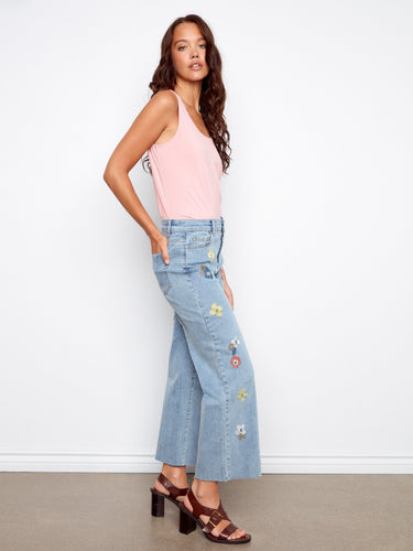 Floral Embroidered Wide Leg Jeans - Light Blue