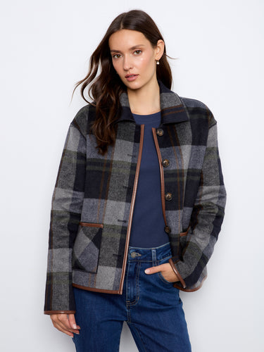 Navy plaid jacket with shirt collar and leather binding, featuring patch pockets for a stylish look by Charlie B.