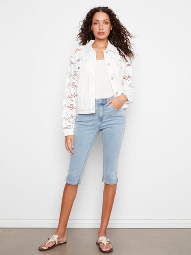 Elegant white stretch twill jacket with button closure and delicate floral designs on the sleeves by Charlie B.