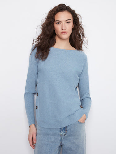 Light blue sweater with a boat neck design, complemented by stylish side button details for added flair. By Charlie B.