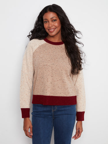 Beige knit sweater with a rich contrast trim and speckled design, featuring long raglan sleeves and crew neck by Charlie B.