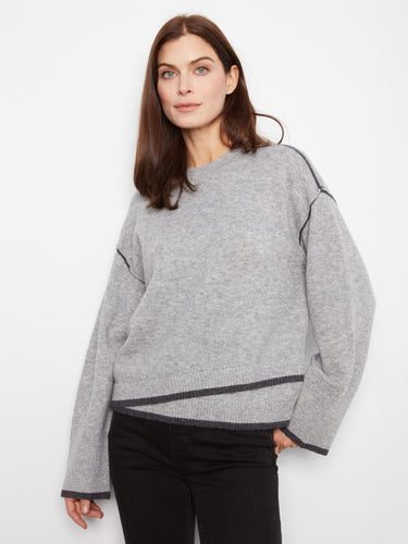 Gray sweater featuring a crew neckline and contrast trim, perfect for casual outings by Charlie B.