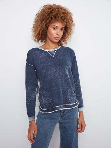 Midnight blue sweater with a classic crew neckline and long sleeves, highlighted by a washed finish for added style by Charlie B.