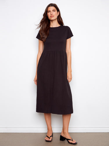 Black cotton midi dress featuring short sleeves for a casual look by Charlie B.