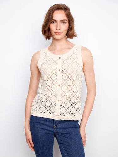 Natural crochet vest featuring a sleeveless design, ideal for summer wear by Charlie B.