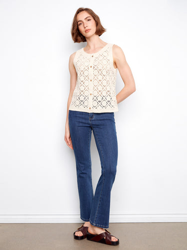 Cotton crochet vest with a button-up front, offering versatile styling options by Charlie B.