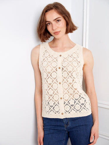 Elegant crochet vest with intricate patterns and crew neckline for added style by Charlie B.