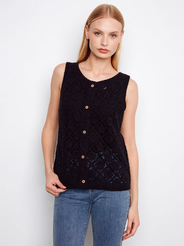 Elegant sleeveless top featuring a crochet design with button-up front, perfect for layering in style by Charlie B.