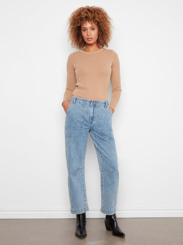 Ankle-length barrel leg jeans in blue with stylish patch pockets and a comfortable fit by Charlie B.