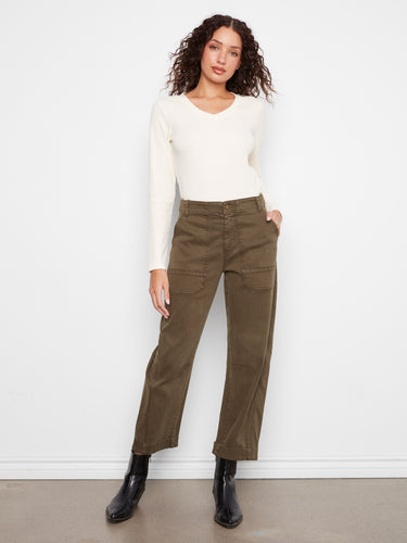 These pants feature a stylish barrel leg design, offering a modern silhouette with comfort and versatility by Charlie B.