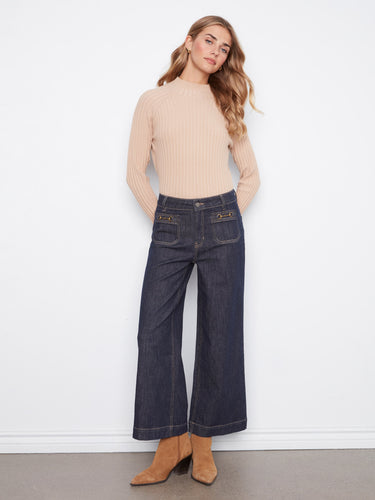 Deep blue wide leg jeans with regular rise and zip fly, styled elegantly by Charlie B.