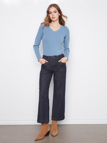 Chic cropped length denim pants with a flattering regular rise, perfect for versatile styling. Made by Charlie B.
