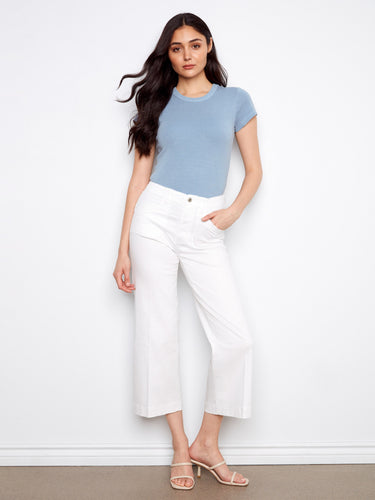 White cropped jeans featuring a wide leg design, crafted from stretch twill fabric for comfort and style by Charlie B.