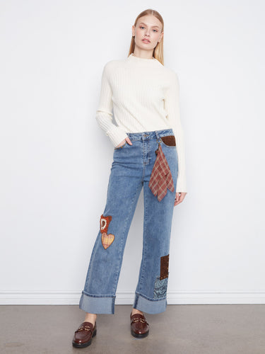 Denim jeans featuring a stylish straight leg design with decorative patches for a unique look by Charlie B.
