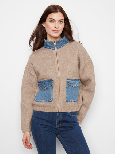 Heather sand sweater jacket featuring drop shoulders and a stylish zip closure, complemented by denim collar by Charlie B.