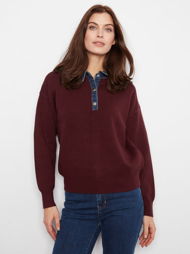 Stylish denim shirt collar adds a chic touch to this sweater, perfect for casual outings. By Charlie B.