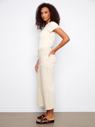 Crafted from stretch twill fabric, these beige wide leg pants ensure all-day comfort and ease of movement by Charlie B.
