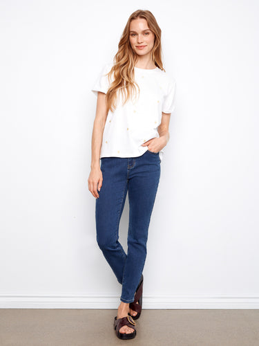 Elegant white T-shirt featuring rolled cuffs and delightful embroidered hearts, made from pure cotton by Charlie B.