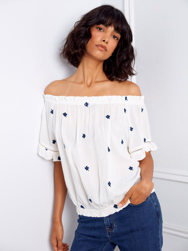 Stylish off-the-shoulder top adorned with blue floral embroidery and elastic hem by Charlie B.