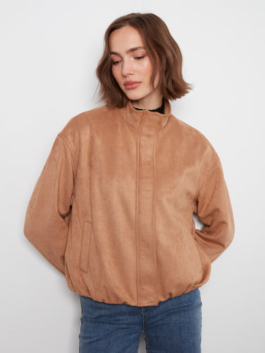 Faux suede bomber jacket in latte with a relaxed fit and elegant satin lining by Charlie B.
