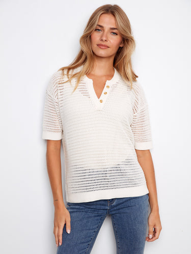 Stylish white crochet top with a chic notch neckline and placket detail, perfect for casual outings by Charlie B.