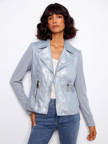Light blue faux leather jacket featuring a stylish lapel notch collar and rib knit sleeves by Charlie B.