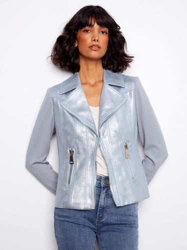 Featuring faux pockets, this light blue jacket combines style with practicality in its design by Charlie B.