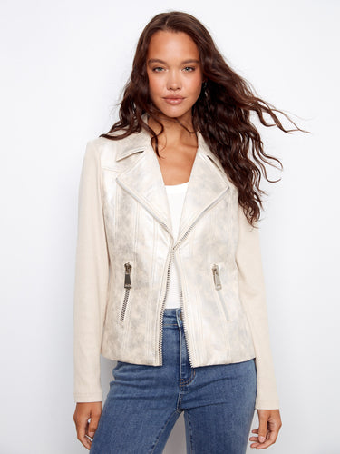 The jacket features a stylish lapel notch collar, enhancing its modern appeal by Charlie B.