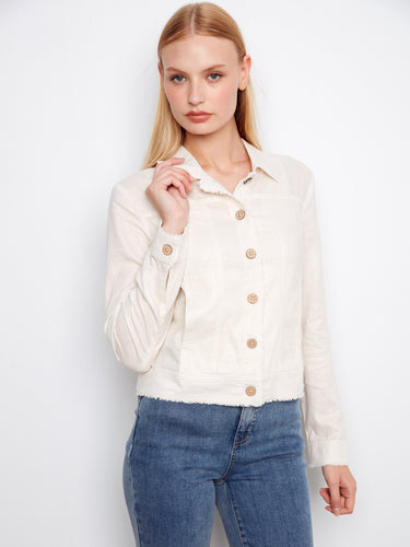 Champagne linen blend jacket featuring short length and elegant design, perfect for any occasion by Charlie B.