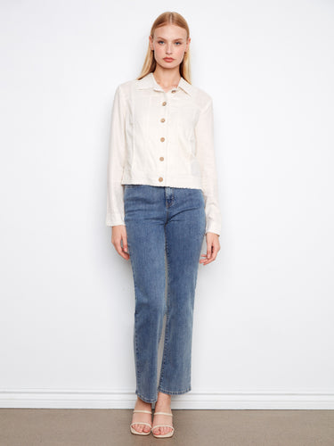 Stylish frayed edges on this champagne jacket add a trendy touch to your wardrobe by Charlie B.