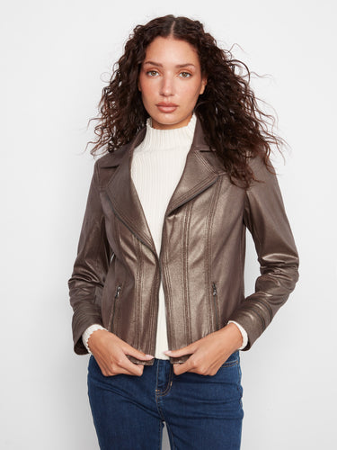 Faux zip pockets enhance the modern appeal of this chic metallic jacket. By Charlie B.