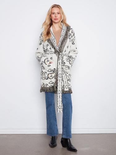 Elegant shawl collar coat with intricate patterns and textures, perfect for a cozy yet stylish look by Charlie B.