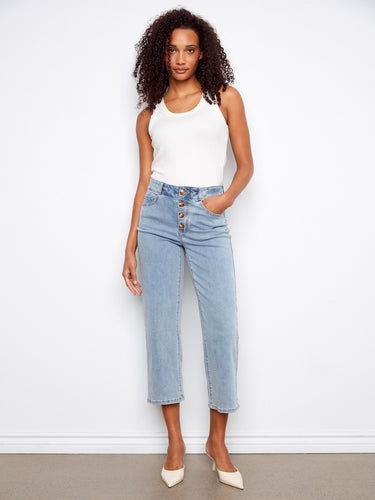 Light blue cropped jeans with a regular rise and button fly, crafted from stretch denim by Charlie B.