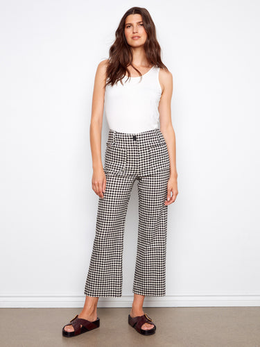 Gingham wide-leg cropped pants featuring a stretch linen blend, perfect for comfort and style by Charlie B.